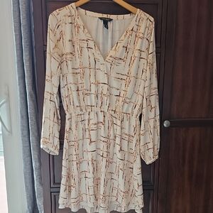White House Black Market Cream Long-Sleeve V-Neck Dress with Brown Print